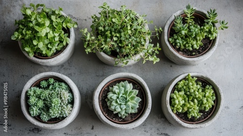 A collection of different succulent plants attractively arranged in round concrete pots, providing a beautiful example of urban gardening suited for small spaces and apartments.