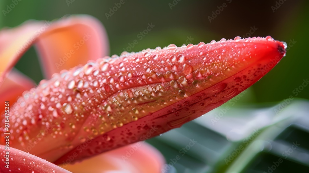 A tight shot of a red bloom, adorned with dew-kissed water droplets on its petals In the backdrop, a lush green leaf unf A tight shot of a red bloom, adorned with dew-kissed water droplets on its petals In the backdrop, a lush green leaf unf