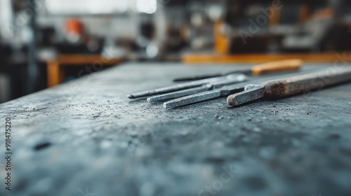 A collection of workshop tools laid out on a table with a blurred background, suggesting a working environment focused on craftsmanship, precision, and manual creation.