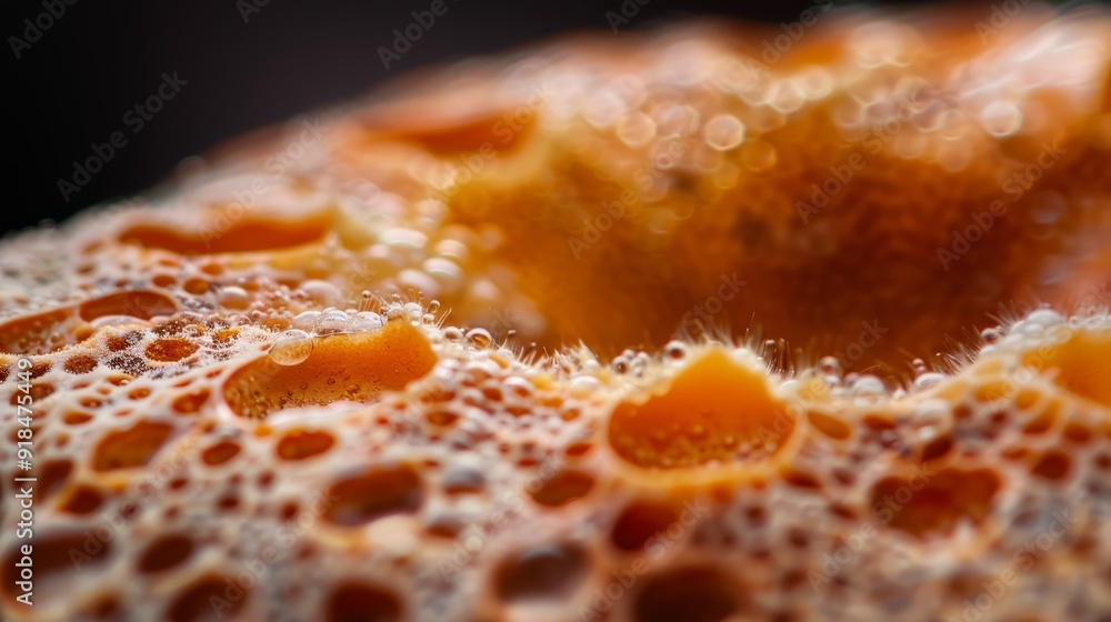 A tight shot of a juicy fruit adorned with numerous water droplets, both topside and underside A tight shot of a juicy fruit adorned with numerous water droplets, both topside and underside