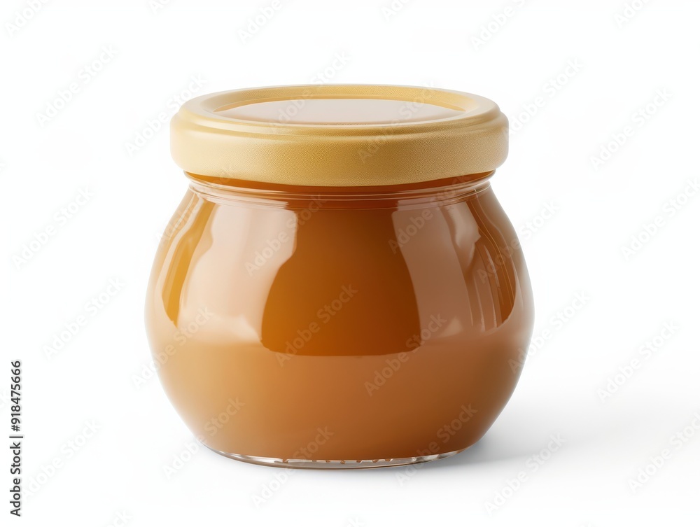 Sealed jar of smooth caramel sauce on a white backdrop Sealed jar of smooth caramel sauce on a white backdrop