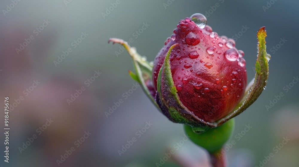 A red flower in focus with water drops on its petals against a softly blurred background A red flower in focus with water drops on its petals against a softly blurred background