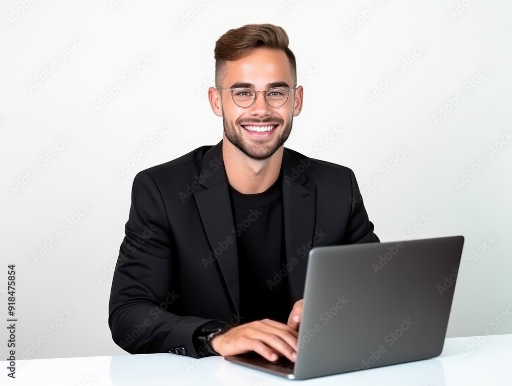 Smiling young man in black suit works on laptop at desk Smiling young man in black suit works on laptop at desk