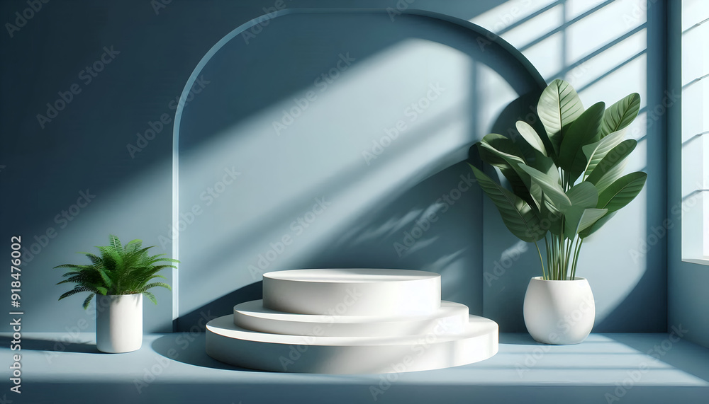 3D Render Pastel Blue Podiums With Soft Shadows And A White Vase With Tropical Leaves Casting A Shadow. Cosmetic Or Beauty Product Promotion, Abstract Minimal Advertise. Copy Space Mockup. 3D Render Pastel Blue Podiums With Soft Shadows And A White Vase With Tropical Leaves Casting A Shadow. Cosmetic Or Beauty Product Promotion, Abstract Minimal Advertise. Copy Space Mockup.