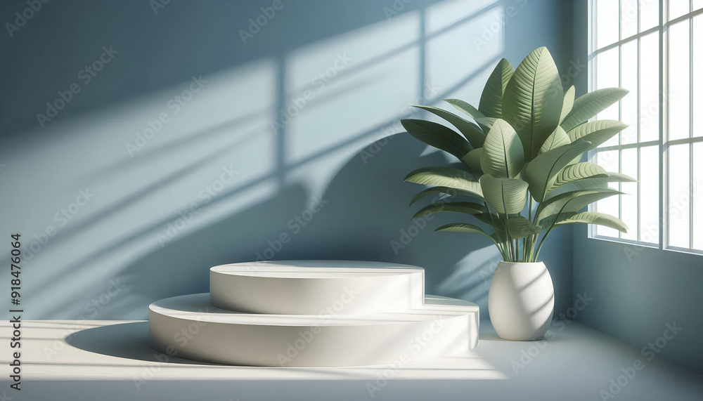 3D Render Pastel Blue Podiums With Soft Shadows And A White Vase With Tropical Leaves Casting A Shadow. Cosmetic Or Beauty Product Promotion, Abstract Minimal Advertise. Copy Space Mockup.