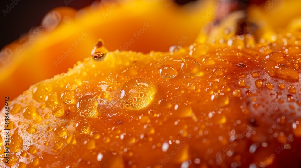 A tight shot of an orange slice, adorned with water droplets atop and underside A tight shot of an orange slice, adorned with water droplets atop and underside