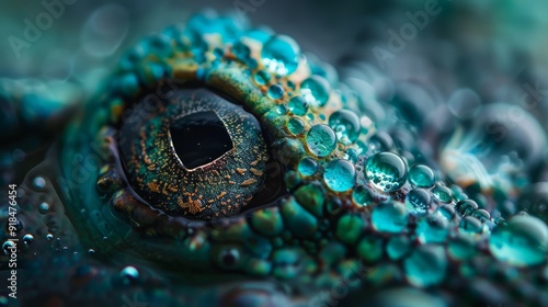  A tight shot of a green lizard's bulbous eye, adorned with water droplets on its outer and inner rim photo