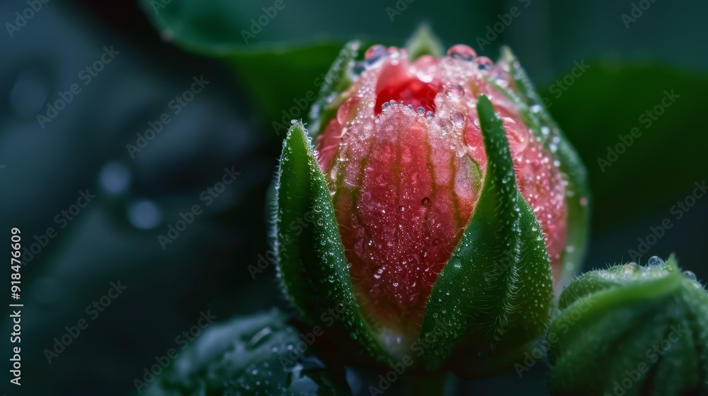 Close-up of a red flower with water drops on its petals, a green leaf adjacent Close-up of a red flower with water drops on its petals, a green leaf adjacent