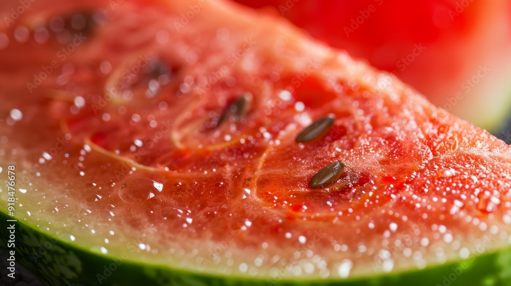 A tight shot of a watermelon slice, showcasing seeds atop and its reverse side A tight shot of a watermelon slice, showcasing seeds atop and its reverse side