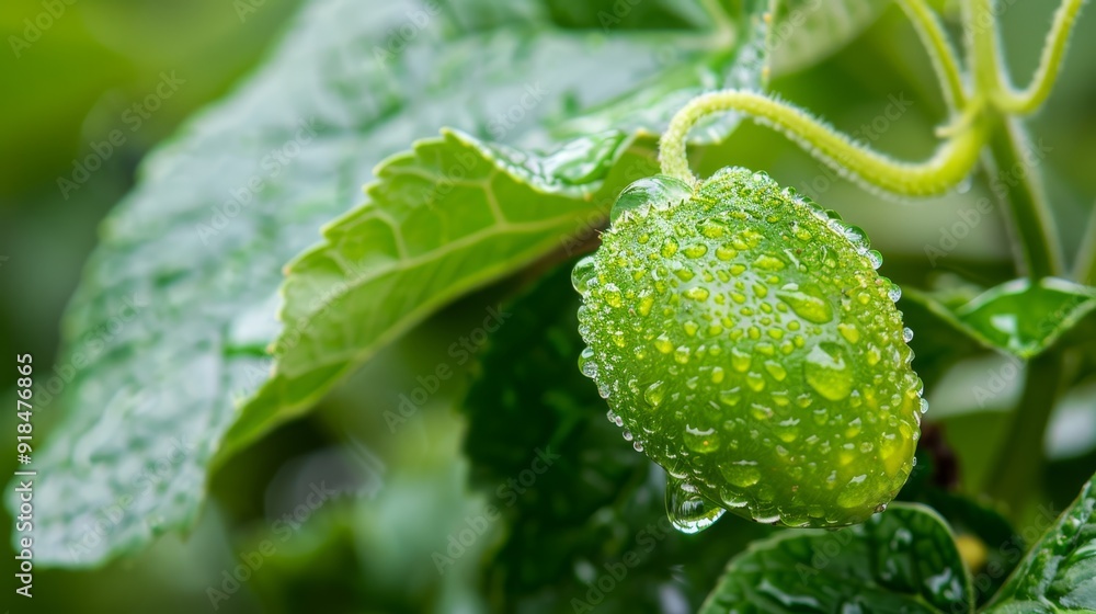 A tight shot of a green leafy plant with dewdrops on its surface, accompanied by a backdrop of more green foliage A tight shot of a green leafy plant with dewdrops on its surface, accompanied by a backdrop of more green foliage