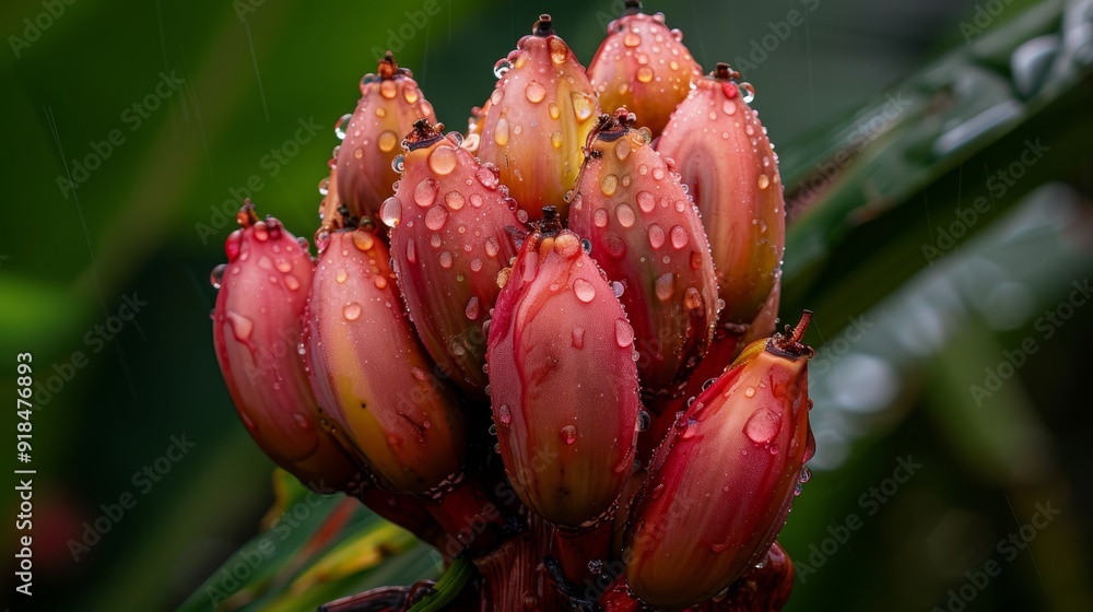 A tight shot of several blooms with water beads on their petals and a verdant leaf in the backdrop A tight shot of several blooms with water beads on their petals and a verdant leaf in the backdrop