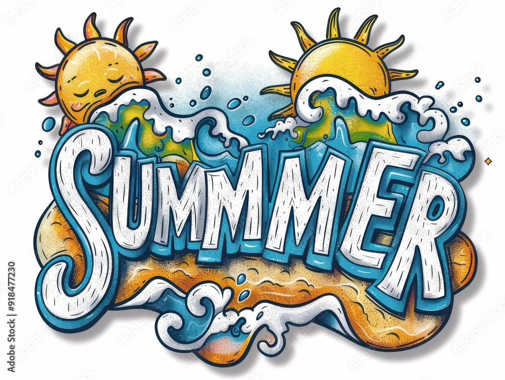 Fototapeta premium Colorful beach-themed wordmark for summer with sun and waves