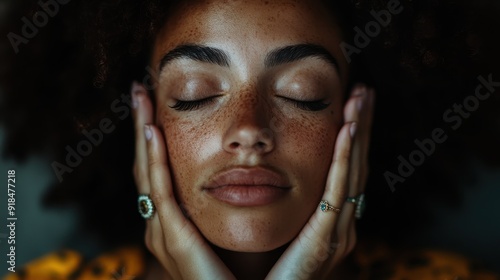 A close-up portrait of a woman with freckles, hands gently holding her face, emphasizing relaxation and self-care, wearing a yellow outfit, eyes closed in a serene expression. photo