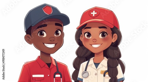 Black boy and girl dressed as fireman and medic in uniform