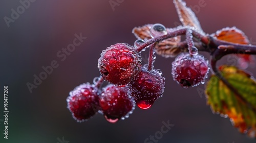 ice encrusts leaf edges, dewdrops adorn ripe berries photo