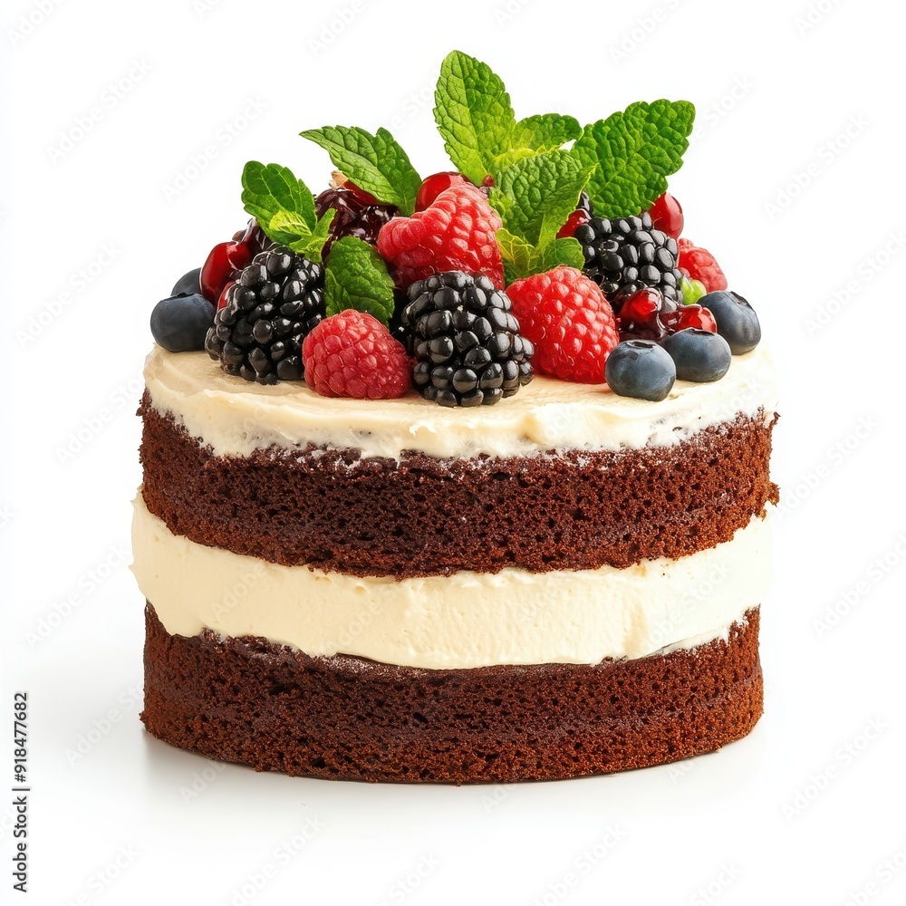 Freshly baked chocolate cake topped with berries and mint leaves on a white background Freshly baked chocolate cake topped with berries and mint leaves on a white background