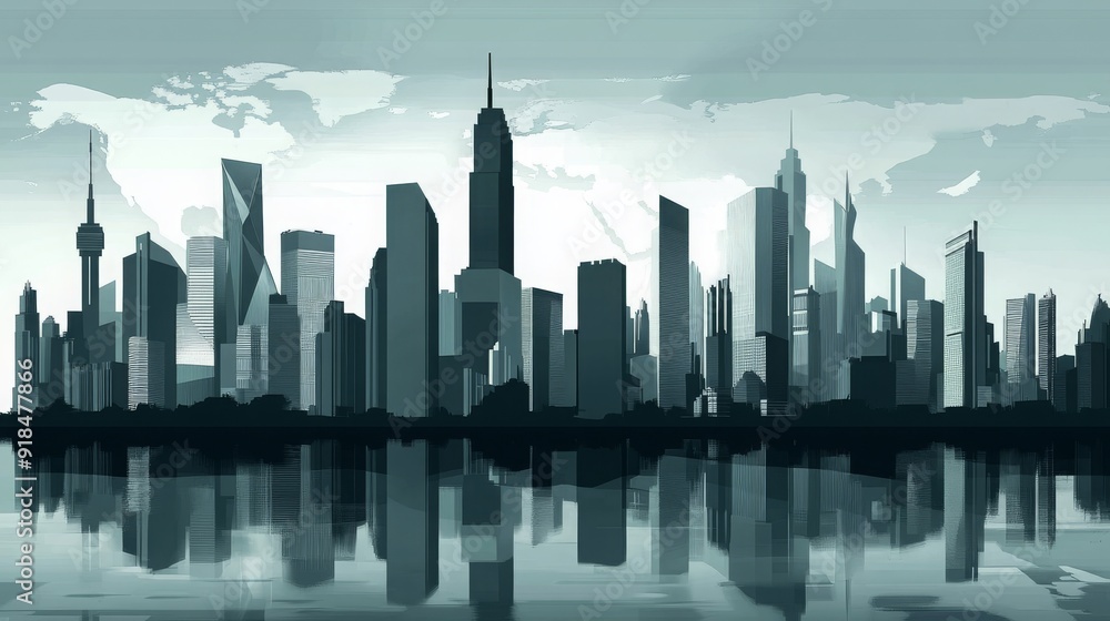 Fototapeta premium Silhouette of a modern city skyline with a world map in the background.