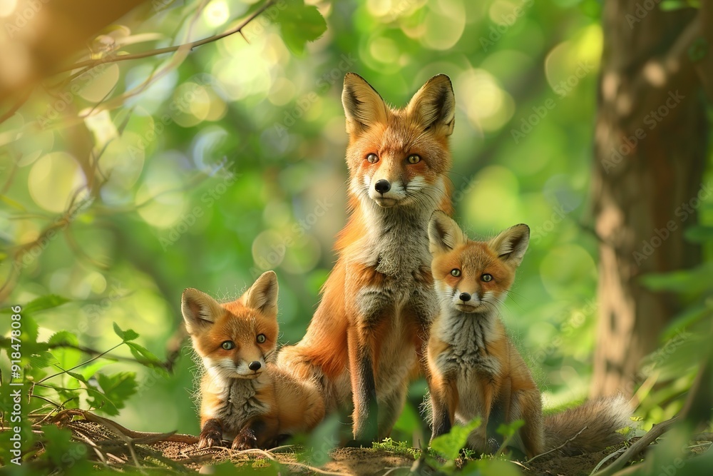 Wild fox family in summer natural forest Wild fox family in summer natural forest