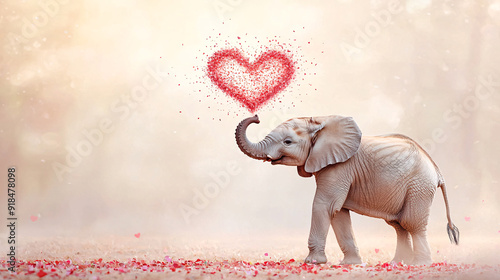 A baby elephant standing in a field of red flowers with a heart in the air. Concept of love and happiness. photo