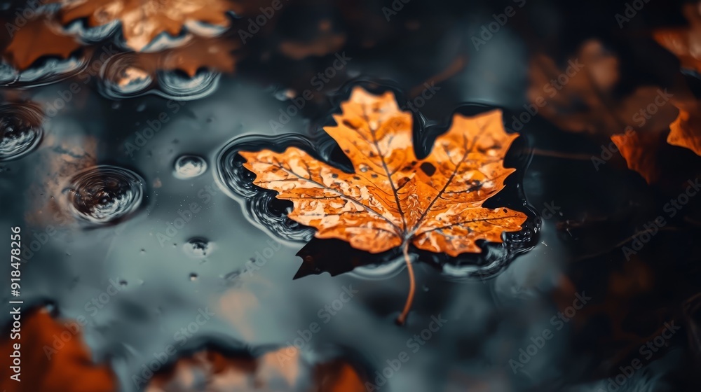 A leaf floats atop still water, surrounded by droplets on the shore A leaf floats atop still water, surrounded by droplets on the shore