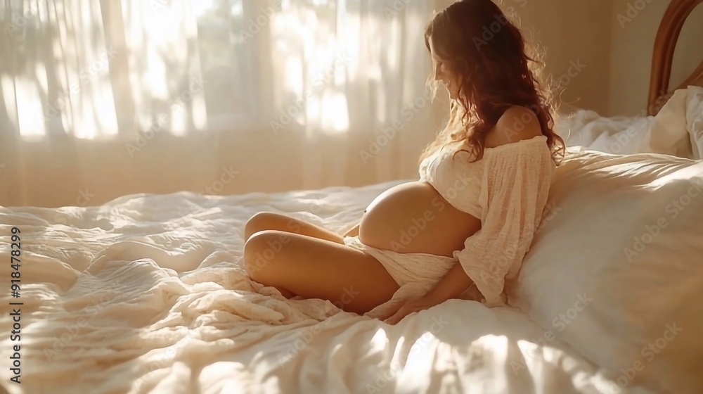 pregnant belly, girl on white bed pregnant belly, girl on white bed