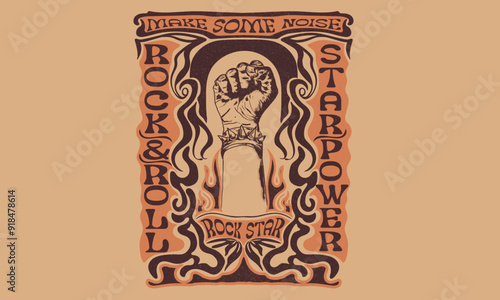 Rock star, Make some noise, Rock and roll artwork. Rock power print design for t shirt print, poster, sticker, background and other uses. 