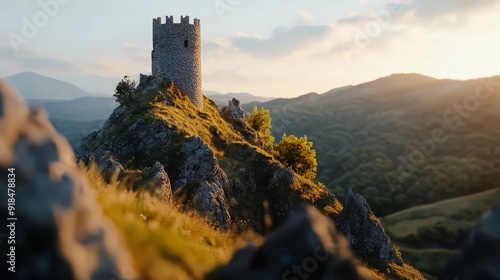  A castle atop a mountained nestles beside a verdant forest beneath a blue sky, dotted with white clouds photo