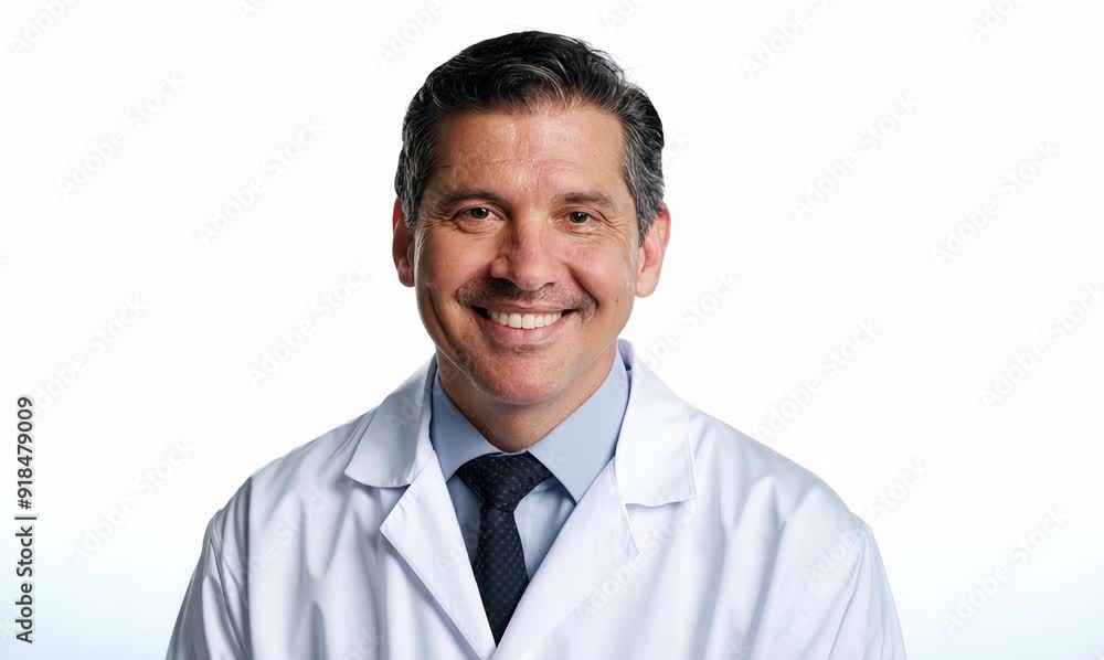 Portrait of a smiling medical doctor with white coat and tie on white background Portrait of a smiling medical doctor with white coat and tie on white background