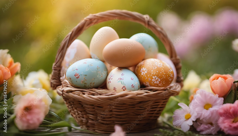 wicker basket with easter eggs wicker basket with easter eggs