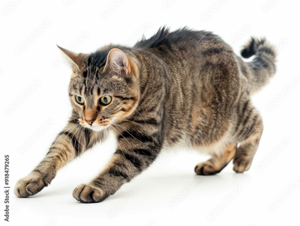 Obraz premium Cat in dynamic action pose on a clean white surface