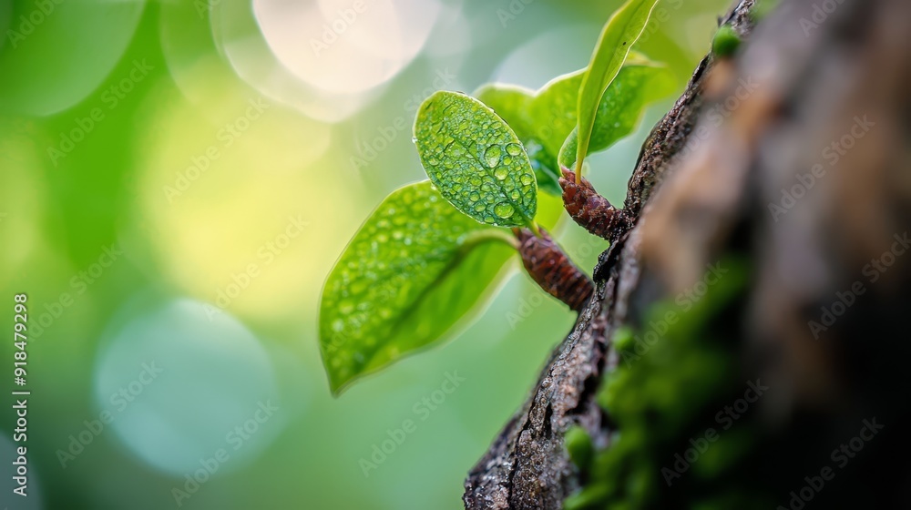 A tight shot of a green leaf on a tree branch, adorned with water droplets, against a softly blurred background A tight shot of a green leaf on a tree branch, adorned with water droplets, against a softly blurred background