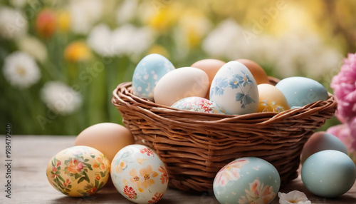 wicker basket with easter eggs