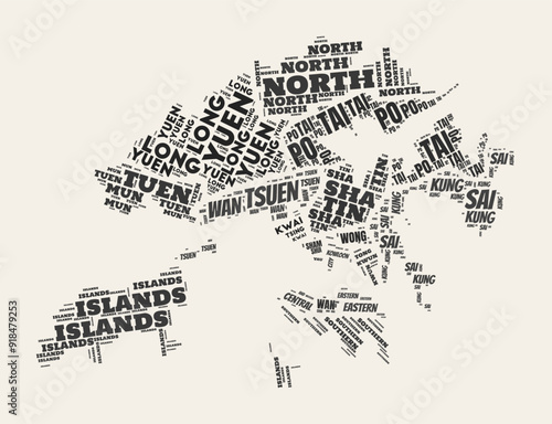 Hong Kong Word Cloud. Country with regional divisions. Hong Kong typographic text clouds vector image design. Vintage gazette style country shape image. Elegant vector illustration.