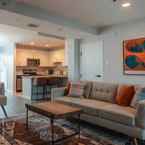 A photo of a furnished apartment. the apartment has a living room, a kitchen, and a bedroom. the furniture is modern and stylish