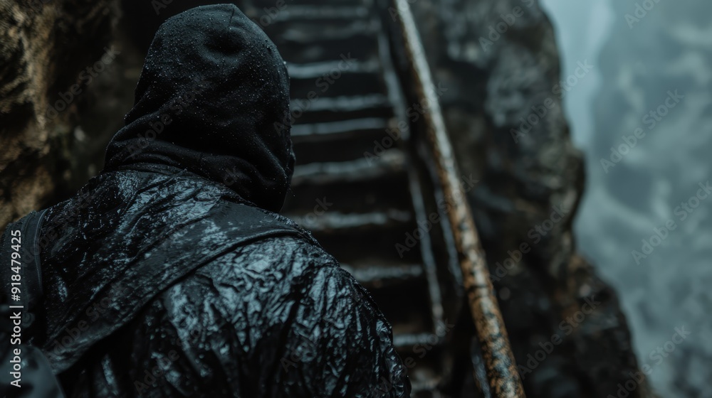 A man in a black hooded jacket climbs up a set of rocky stairs amidst snowy ground A man in a black hooded jacket climbs up a set of rocky stairs amidst snowy ground