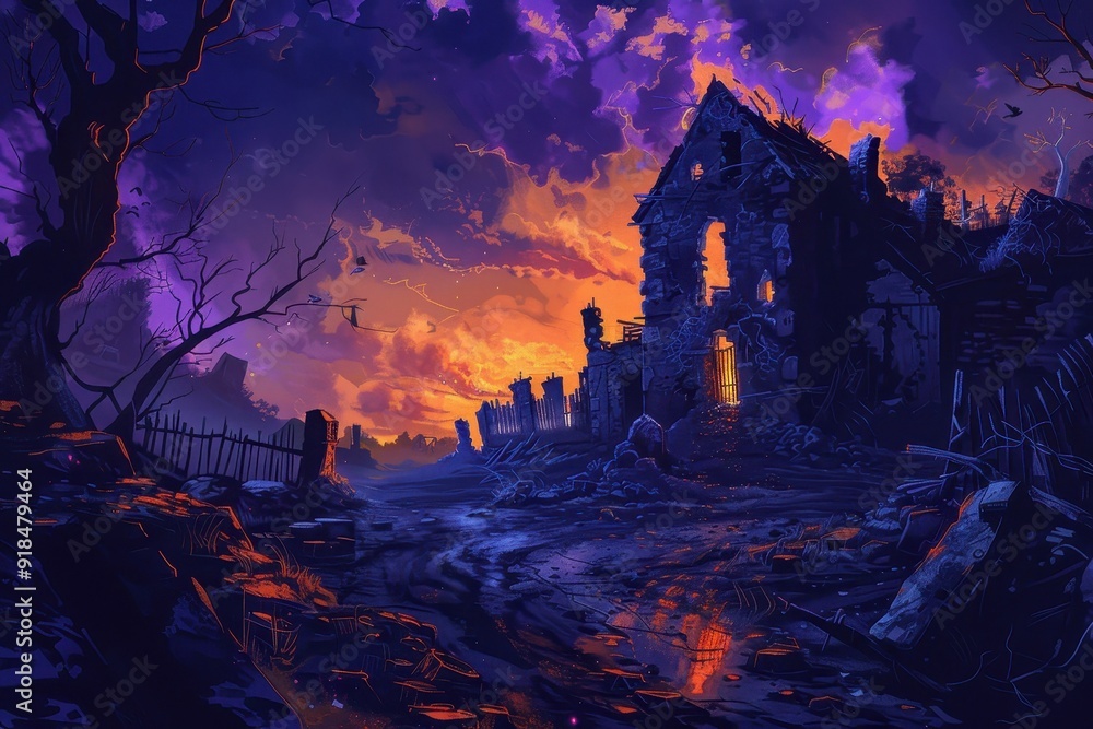 Desolate Village After War, Ruins in Vivid Sunset Desolate Village After War, Ruins in Vivid Sunset