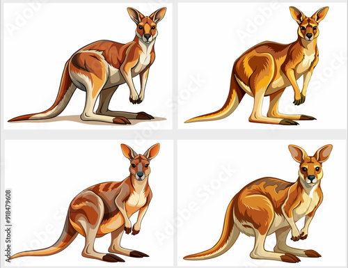 A collection of four illustrations of kangaroos in a cartoon style showing different poses and colors. Each kangaroo is depicted with a different design, emphasizing its unique characteristics 