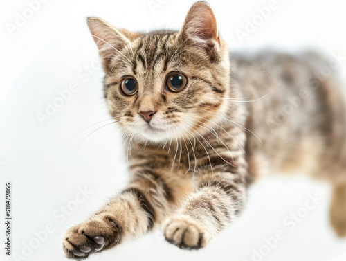 Cat gracefully jumps against a white background