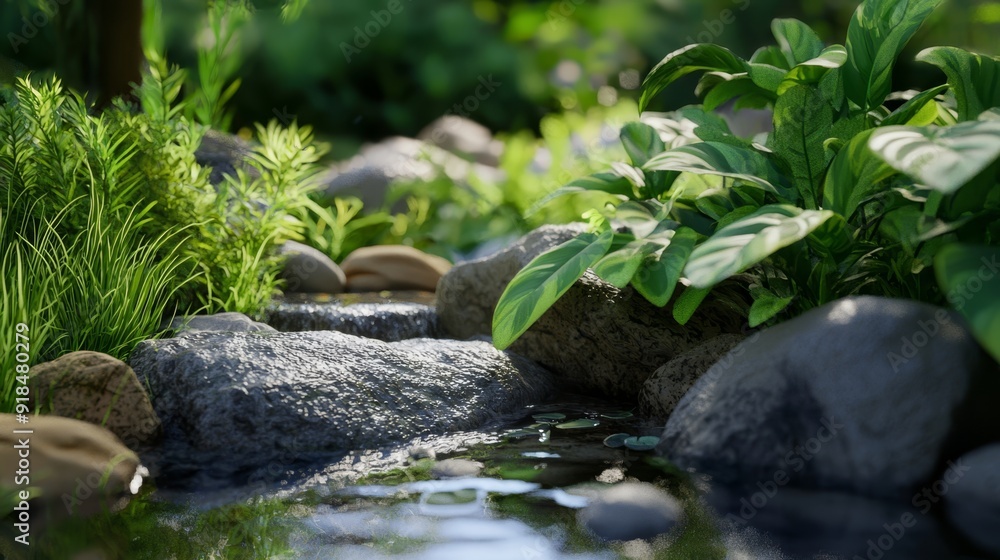 A streaming river winds through a verdant forest, brimming with abundant rocks and greenery on both banks A streaming river winds through a verdant forest, brimming with abundant rocks and greenery on both banks