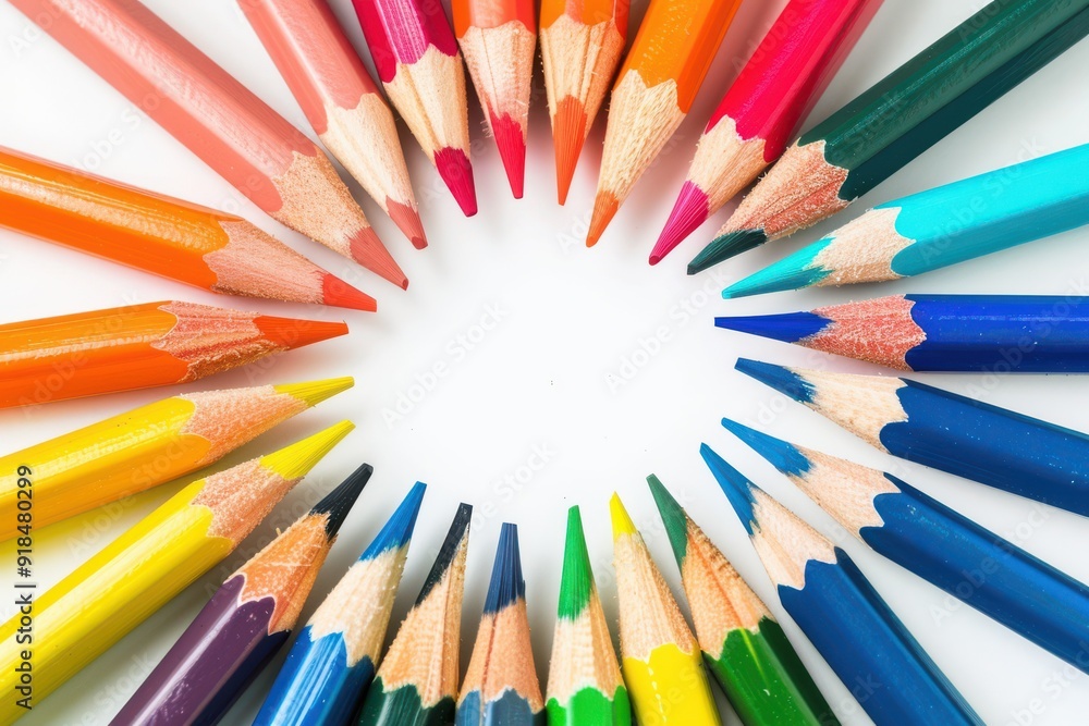 Colorful pencils arranged in a circle on white background Colorful pencils arranged in a circle on white background