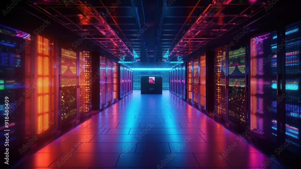 Fototapeta premium Neon Lit Server Room
