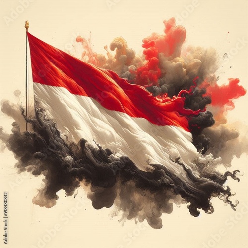 The painting of the red and white Indonesian flag flying was painted using watercolors
