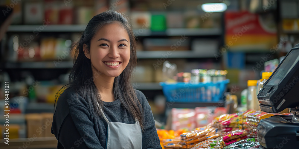Asian Grocery Store Clerk with a Smile at the Checkout Counter. Asian Grocery Store Clerk with a Smile at the Checkout Counter.