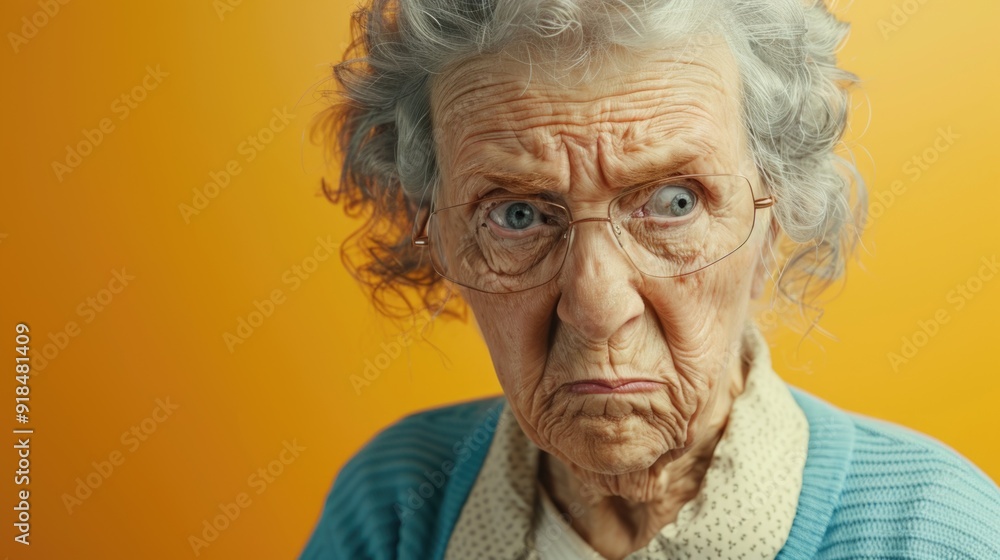 Elderly Woman with Expressive Frown on Vibrant Orange Background Elderly Woman with Expressive Frown on Vibrant Orange Background