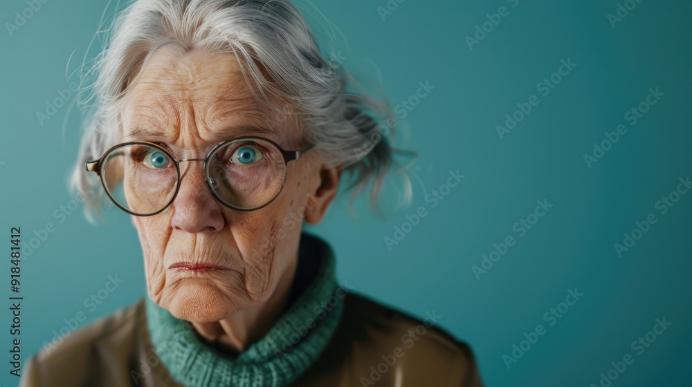 Expressive Elderly Woman with Glasses on Blue Background Expressive Elderly Woman with Glasses on Blue Background