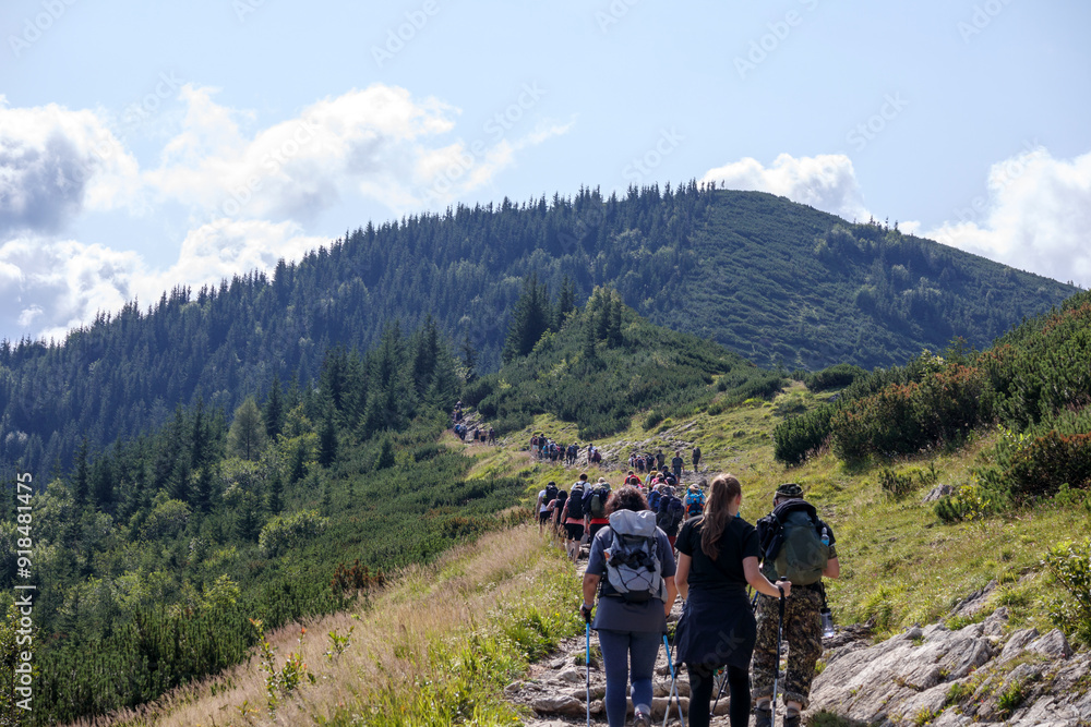 Fototapeta premium tourists line the mountains with a view of the mountain above
