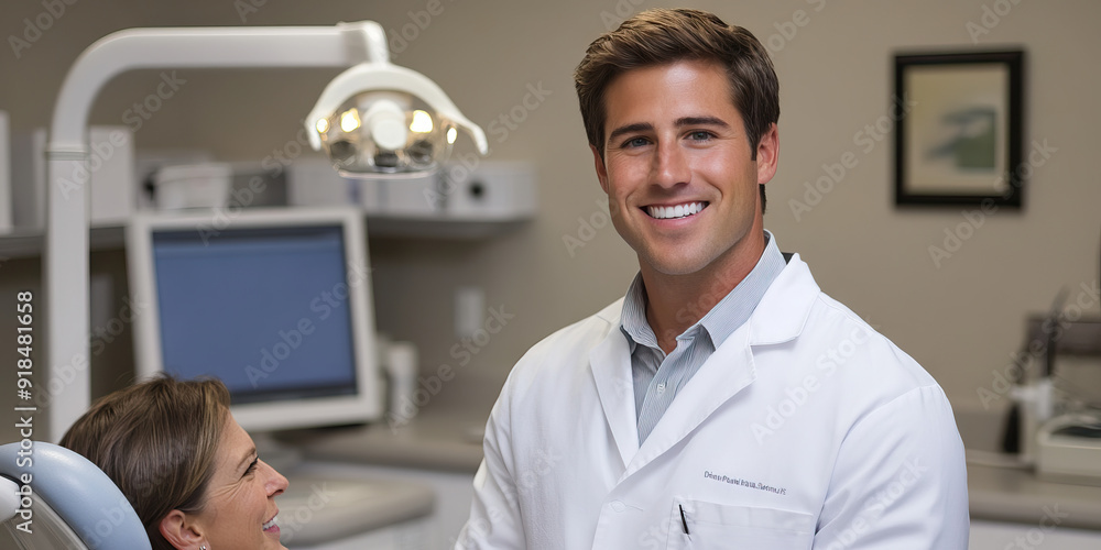 Fototapeta premium Young Caucasian Male Dentist in His Dental Office with a Patient.