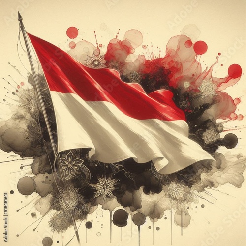 The painting of the red and white Indonesian flag flying was painted using watercolors