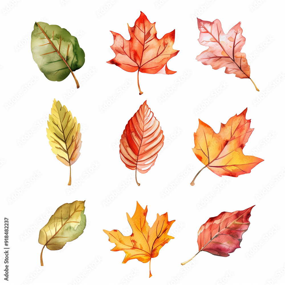 Obraz premium 秋、落ち葉、紅葉の水彩イラスト Generative AI