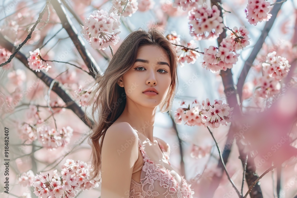 Portrait of young asian woman standing near a flowering sakura tree Portrait of young asian woman standing near a flowering sakura tree